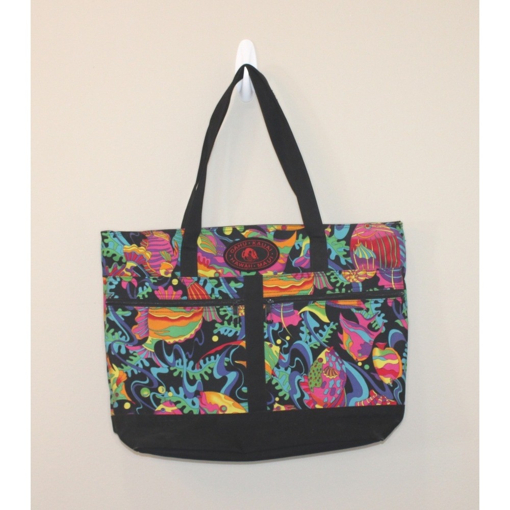large Hawaiian canvas tote bag tropical fish sea life psychedelic Hawaii USA